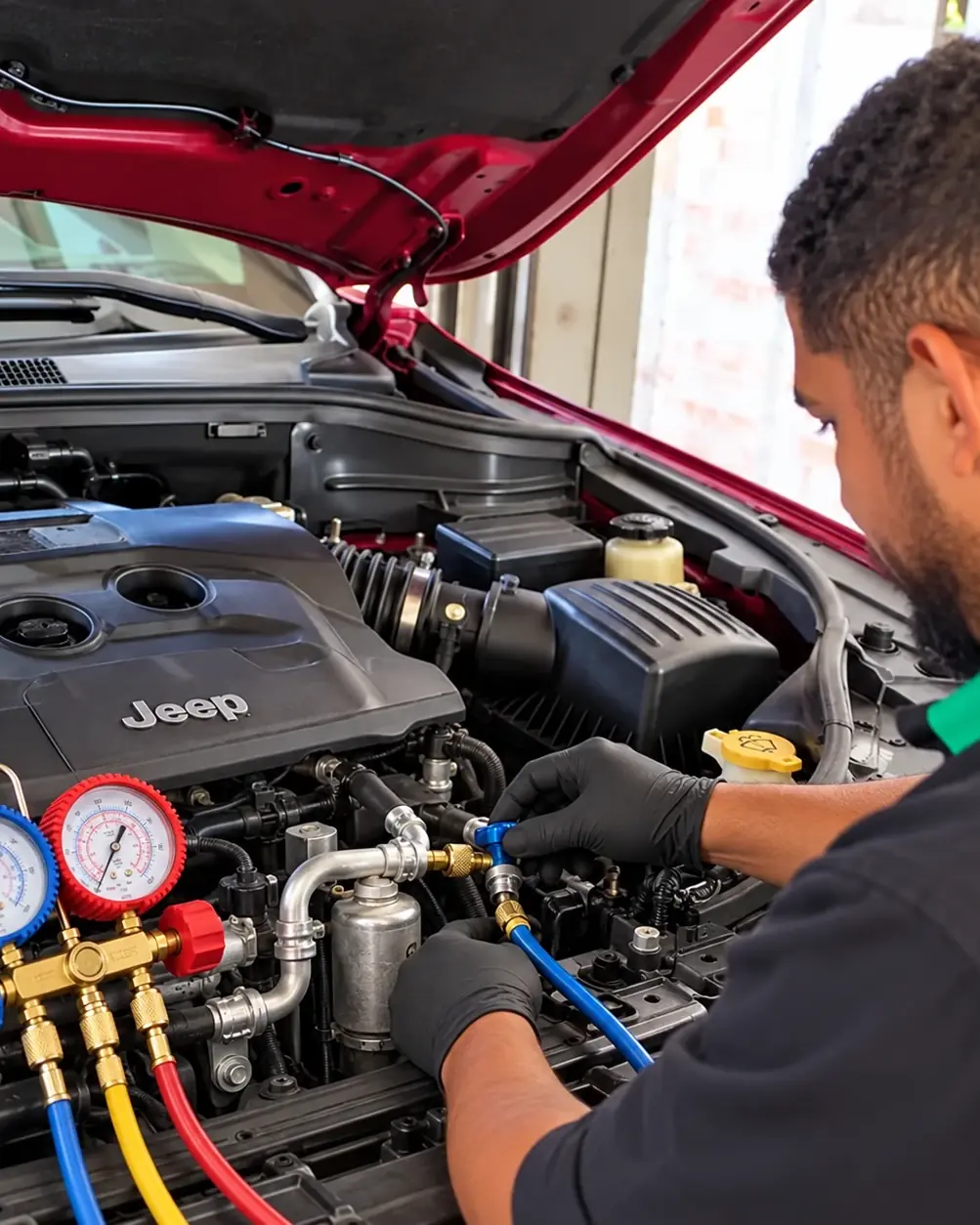 Técnico de luvas conectando a mangueira do manômetro de ar-condicionado no motor de um Jeep, com os manômetros à esquerda.