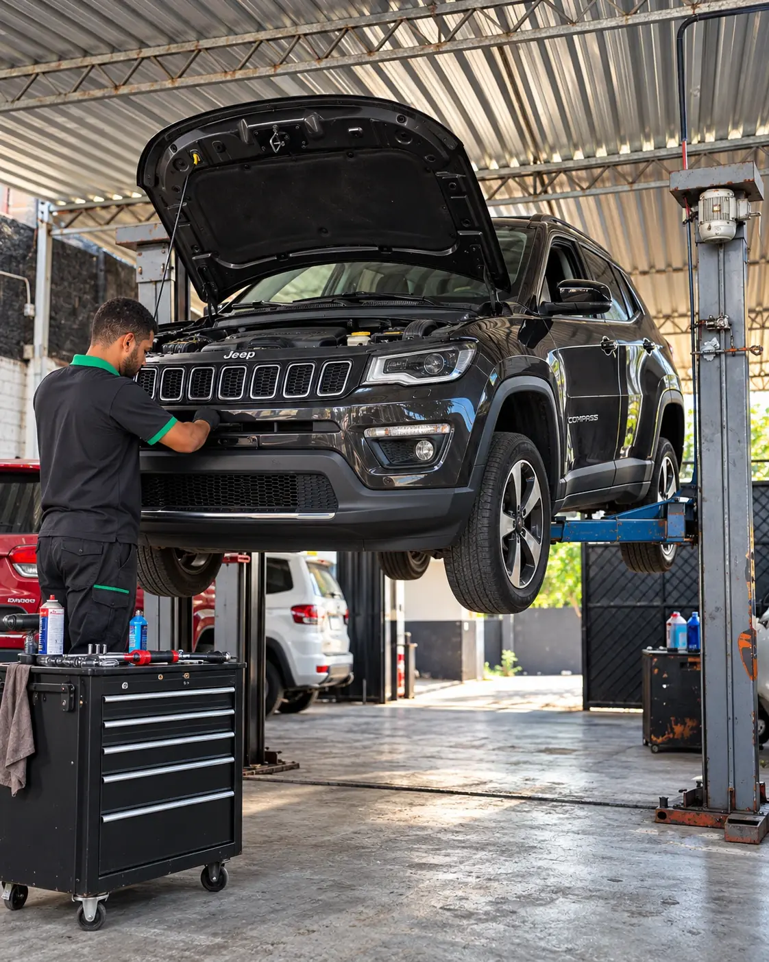 Jeep Compass preto erguido no elevador da oficina, com o capô aberto e o técnico trabalhando na dianteira, ao lado do carrinho de ferramentas.