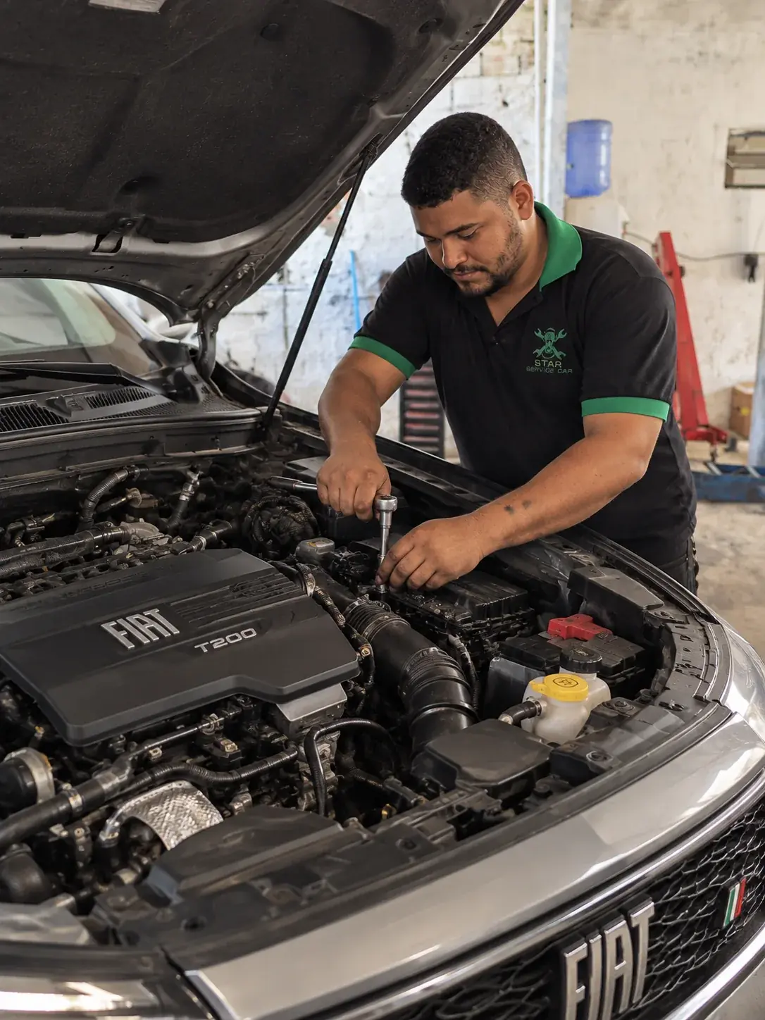 Técnico da Star Service Car trabalhando com uma chave no motor T200 de um Fiat, com o capô aberto.